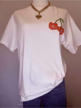 White Tee with Red Cherry Graphic Super Mrkt